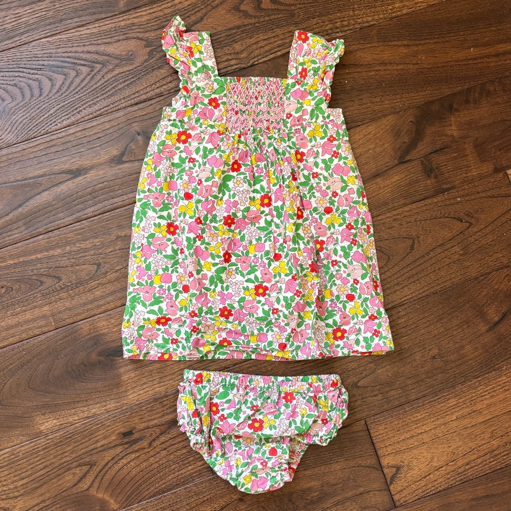 Baby Boden Pink and Green Floral Dress with Bloomers